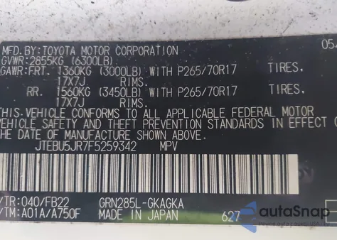 2015 Toyota 4Runner Sr5 z USA, uszkodzony, nr VIN JTEBU5JR7F5259342